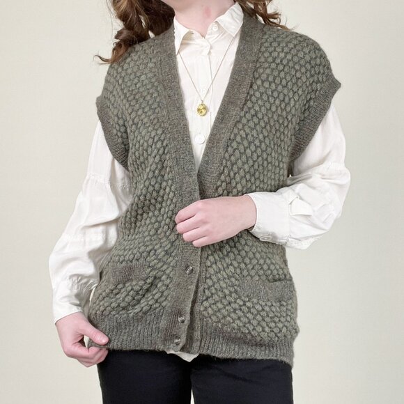 Vintage Wool Honeycomb Knit Oversized Slouchy Fit Sweater Vest Cardigan Handmade - Picture 3 of 6